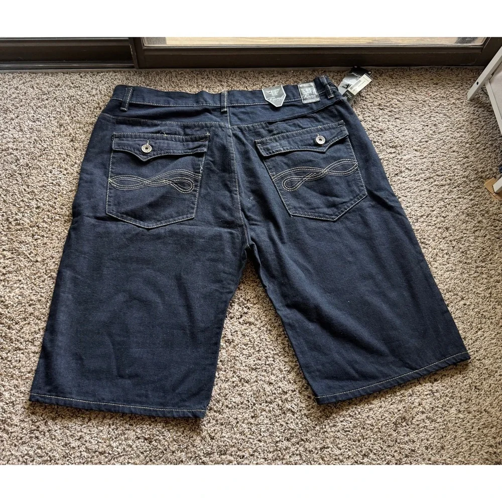 Fiend Denim Co Mens Dark Wash Baggy Jean Shorts Contrast Stitch Blue Size 46 NWT